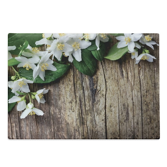 Rustic Wood Cutting Board, Jasmine Flower on the Table Retro Style Composition, Decorative Tempered Glass Cutting and Serving Board, in 3 Sizes, by Ambesonne