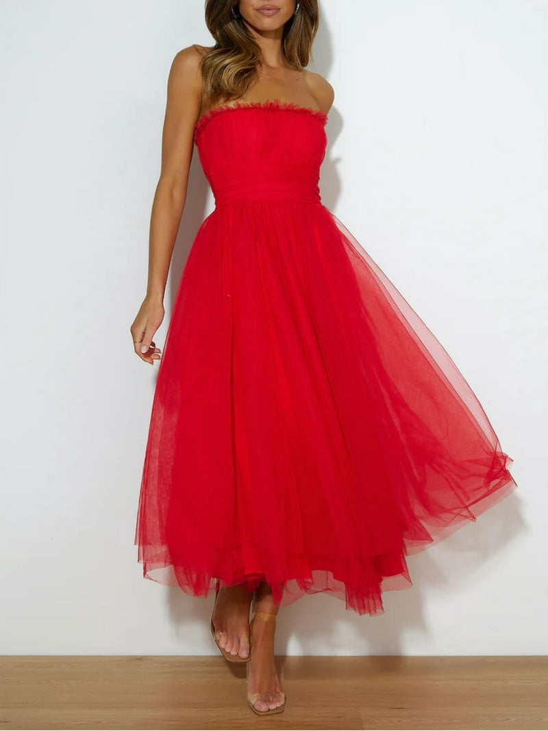 knee length dresses for ladies Red Dress | Blue Cotton Bustier Strapless Midi Dress