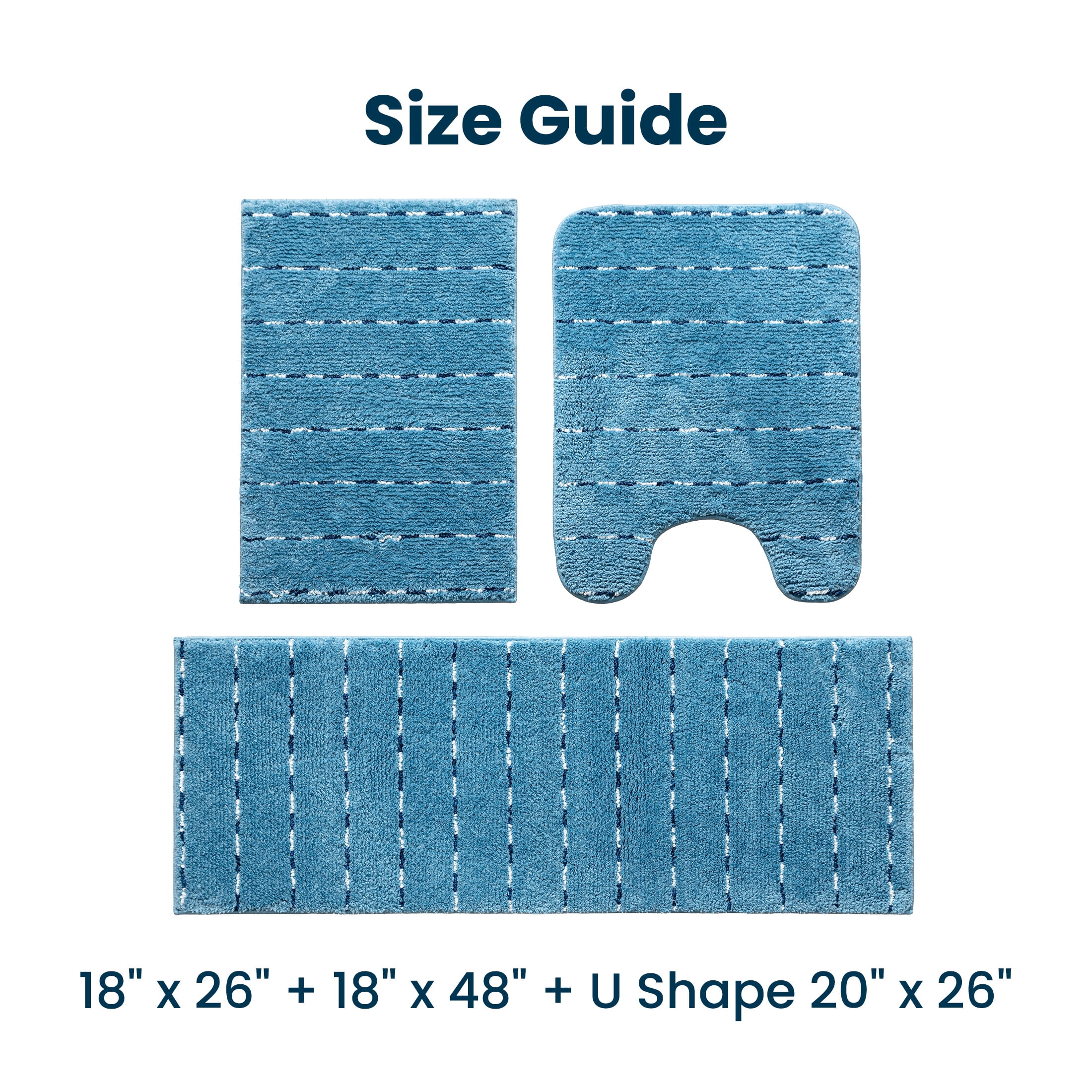 Sleep Zone Bathroom Rugs Bath Mat Set of 3 Ultra Soft surface Striped Space-Dyed, Non-Slip Backing, Bath Mats with U-Shaped Toilet for Bathroom Floor, Tub and Shower, Blue