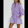 thumbnail image 4 of Conjuntos de Verano de 2 Piezas para Mujer: Camisetas A Rayas con Mangas Abullonadas y Botones, Pantalones Cortos A Juego y Conjuntos Casuales Púrpura S, 4 of 8
