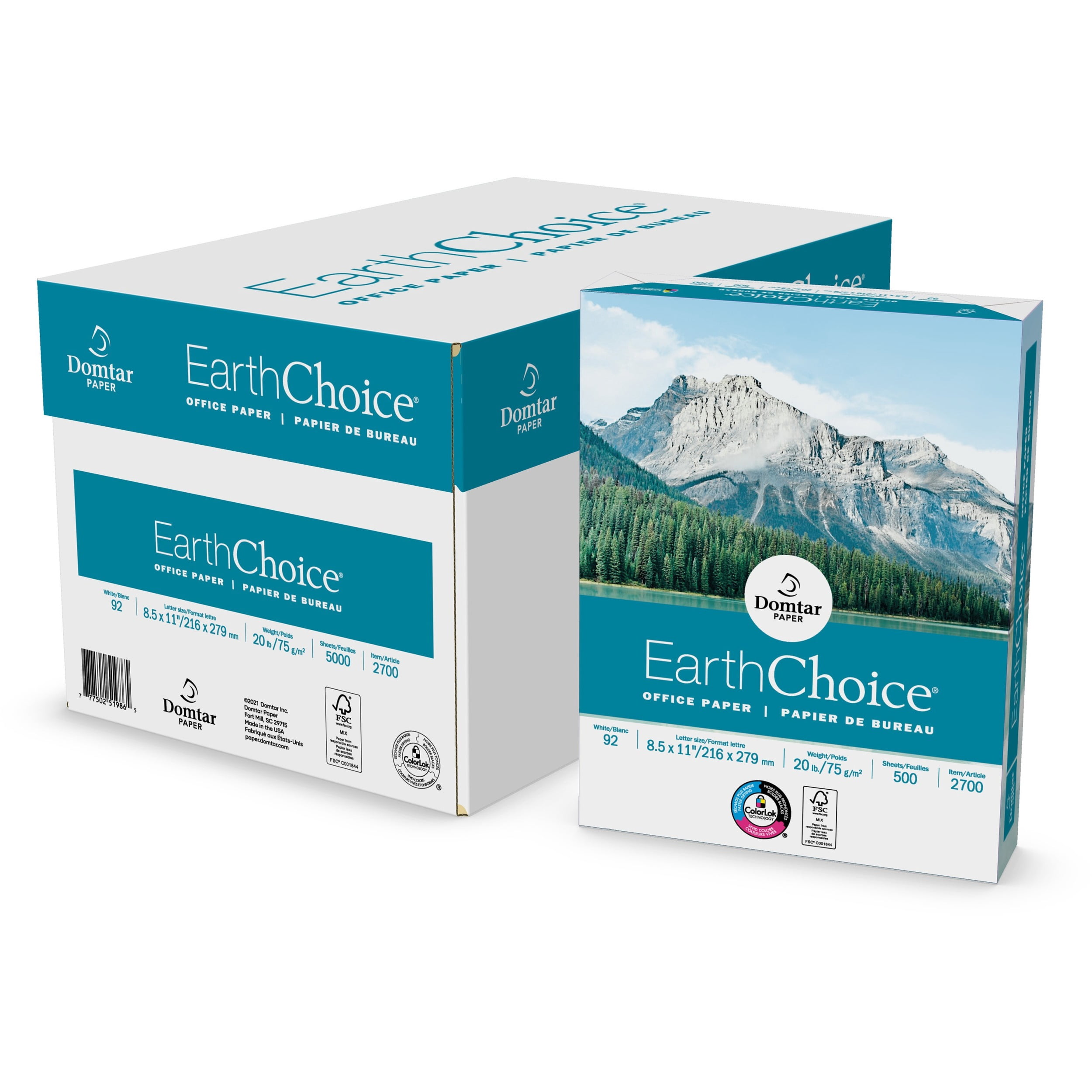 EarthChoice Office Paper 92 Bright, 20 lb, 8.5 x 11, White, 500 Sheets/Ream, 10 Reams/Carton