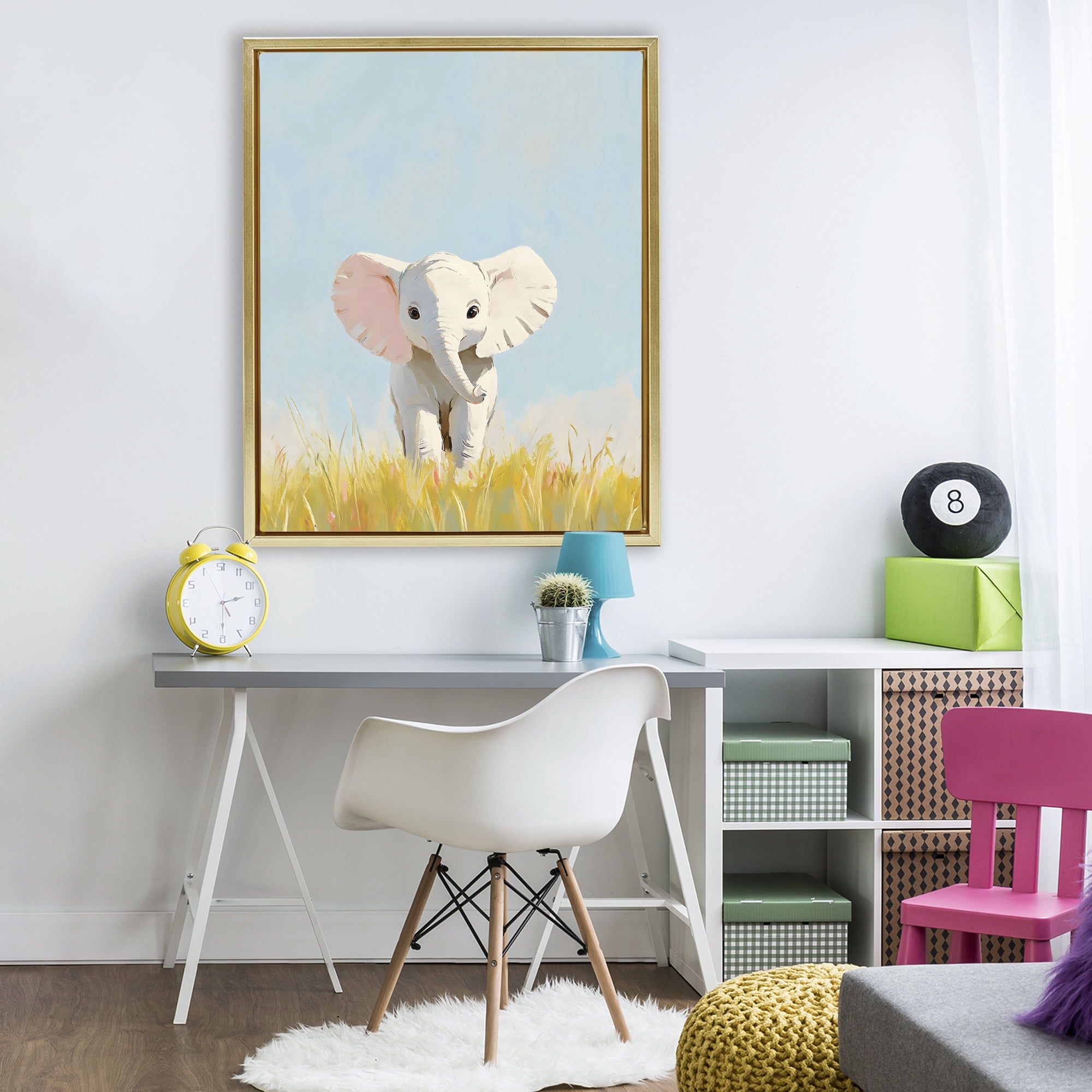 Stupell Industries White Baby Elephant in Grass Gold Framed Floater Canvas Wall Art, design by The Prints Vibe
