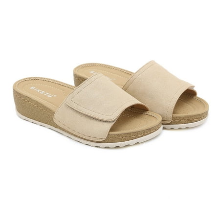 

VKEKIEO Peep Toe House Slippers For Women Mid Heel Wedge Beige