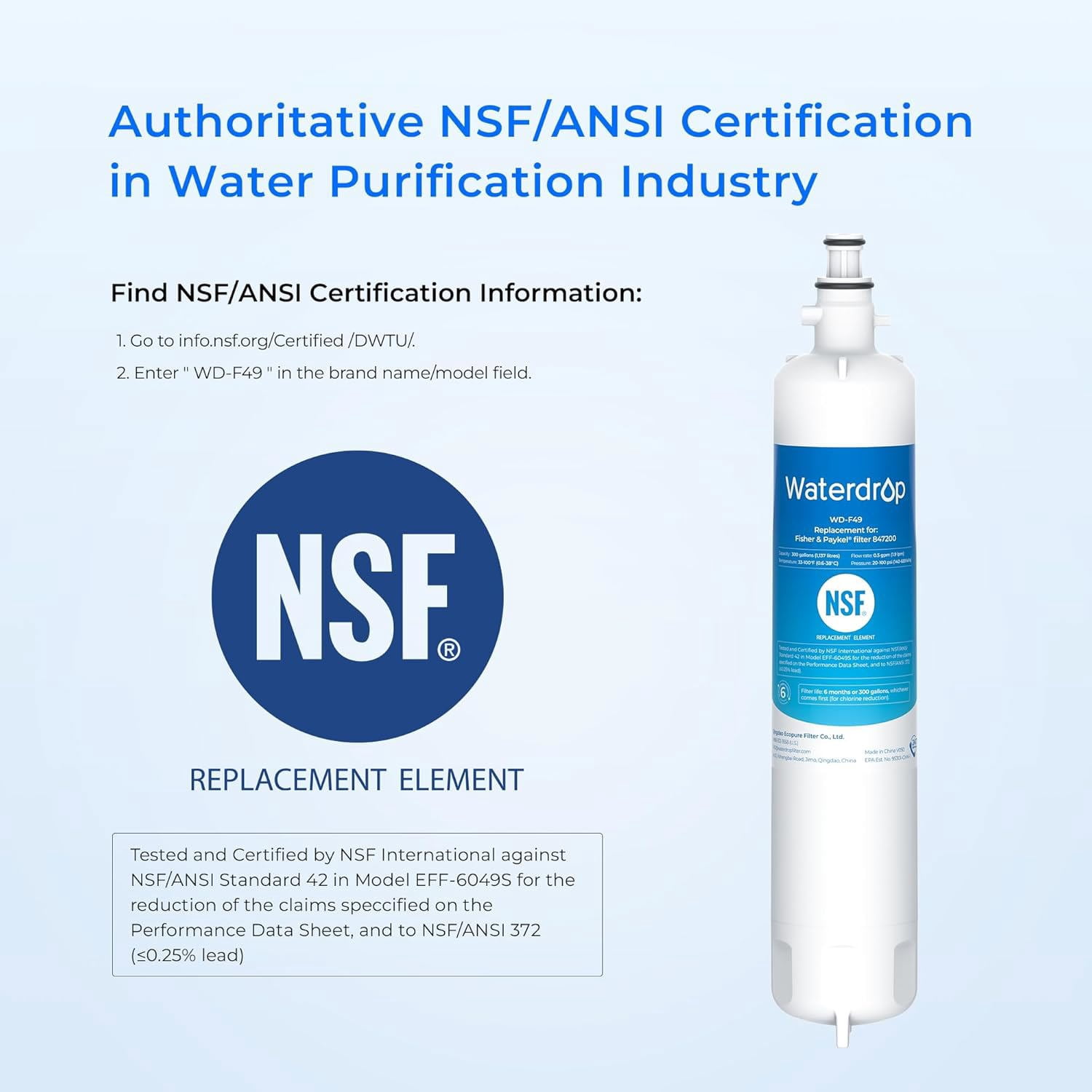 Waterdrop 847200 Refrigerator Water Filter Replacement for Fisher & Paykel® Water Filter 847200, 3 Filters