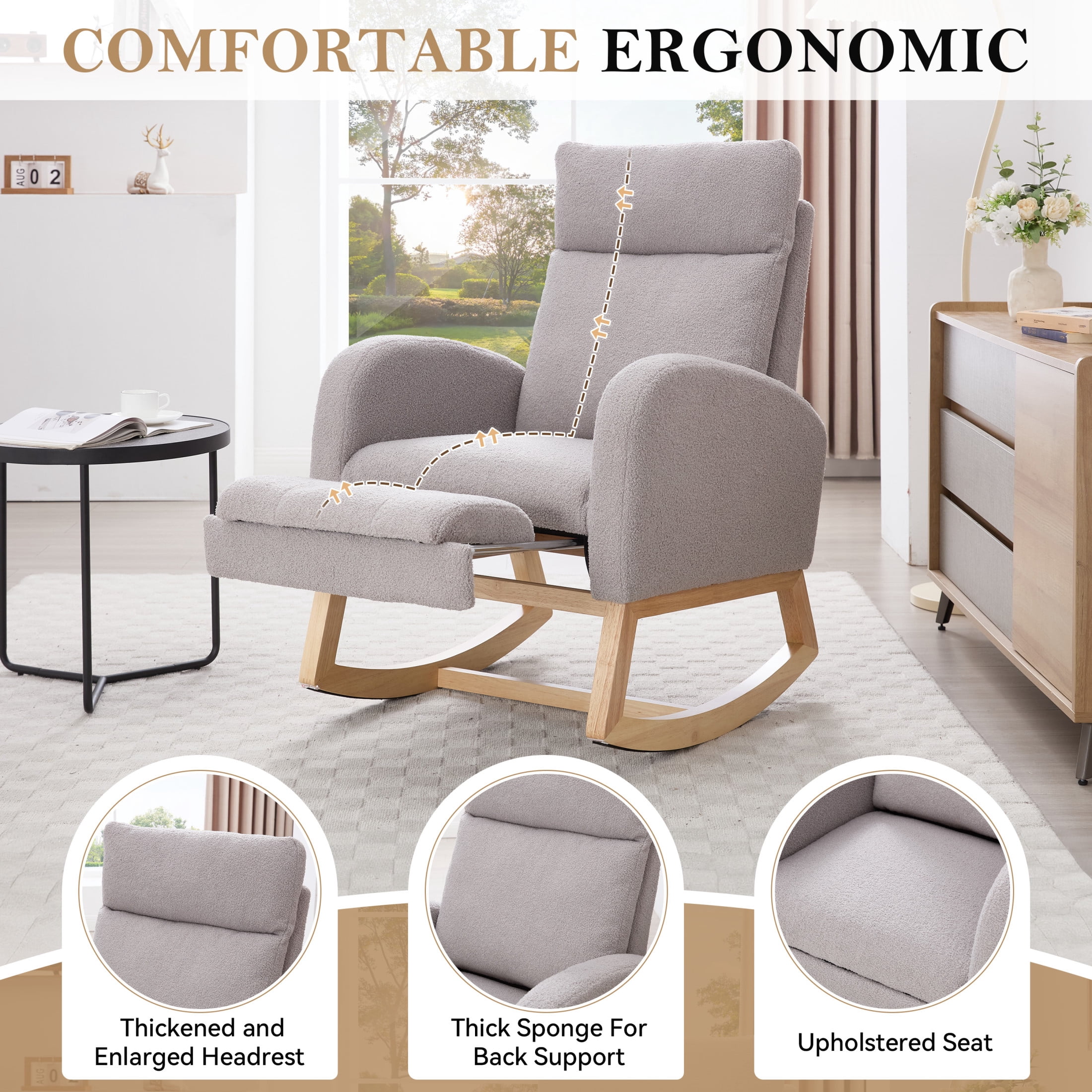 Noble House Arlais Teddy Nursery Rocking Chair with Adjustable Footrest, Comfortable Accent Glider Daybed, Light Gray