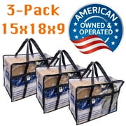 3 Pack Clear Vinyl Moving Bags 15 x 18 x 9" with Heavy Duty Dual Zipper, Handles and ID Insert Pocket for Storage or Organization of College Books, Work Uniforms, Sweaters, Blankets, Comforters