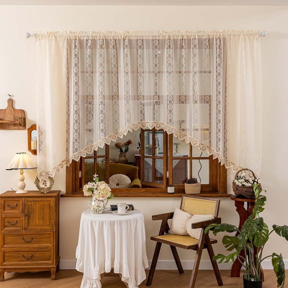 Sunyuer White Lace Arched Sheer Curtain Floral Embroidered Swag Curtain Valance Tier for Doorway Kitchen Bathroom Window, Rod Pocket Top 1 Panel