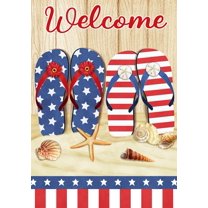 Welcome Patriotic Stars and Stripes Floral Flip Flops Decoration Summer Beach Seaside Independence Day Garden Flag Holiday Outdoor Yard Flag 12" x 18"