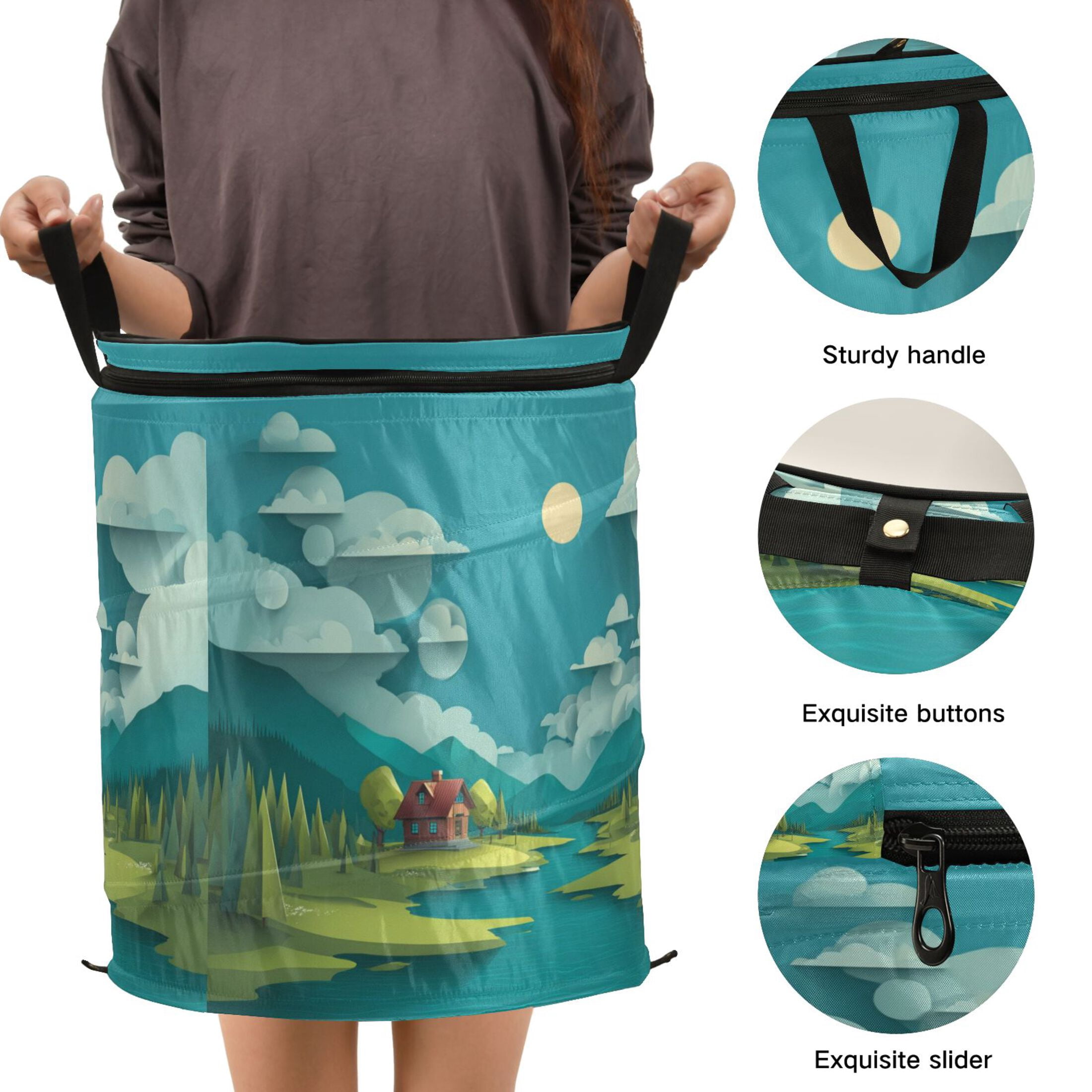 50L Extra Large Popup Hamper Collapsible Laundry Basket With Zippered Lid 15.7x18.5in A Landscape