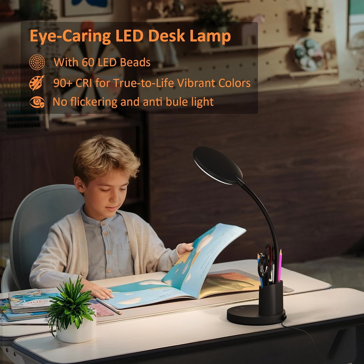 Desk Lamp, LED Desk Lamps for Home Office, Touch Table Lamp with 3 Color Modes 360° Adjustable Arm, Dimmable Desk Light with Pen Phone Holder for College Dorm, Black