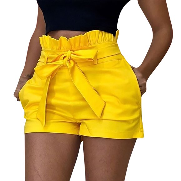 Mrat Ladies Crochet Pants Women's Pockets Wide-Leg Color Short Pants Women Comfy Pants S-53 Yellow L