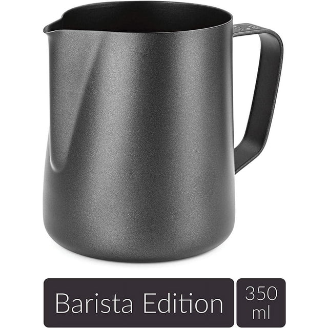 Jarra de leche de acero inoxidable de 350 ml, espumador de leche para crema de café con marca de medición y bolígrafo latte art, jarra de leche adecuada para capuchino barista