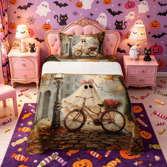 Manfei Kawaii Bow Ghost Twin Sheets 3pcs, Halloween Romantic Rose Autumn Leaves Bedding, Brown Orange Pink,1 Fitted Sheet, 1 Flat Sheet and 1 Pillowcase