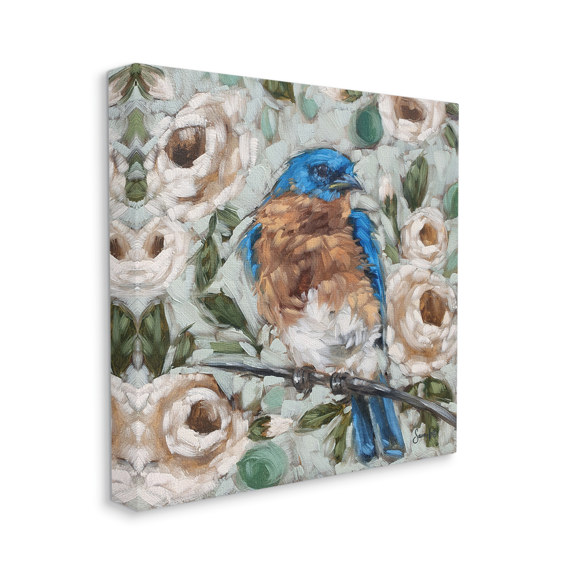 Stupell Bluebird Perched Floral Blooms Animals & Insects Painting Gallery Wrapped Canvas Print Wall Art