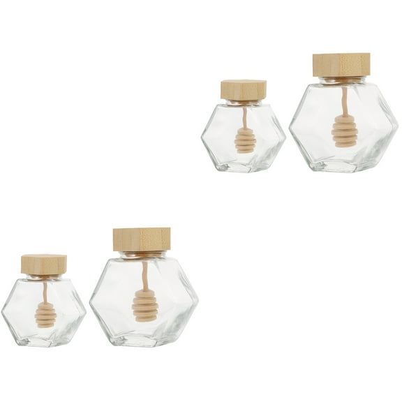 Set of 2 Favors Hexagon Honey Glass Bottle Wooden Lid Airtight Jar