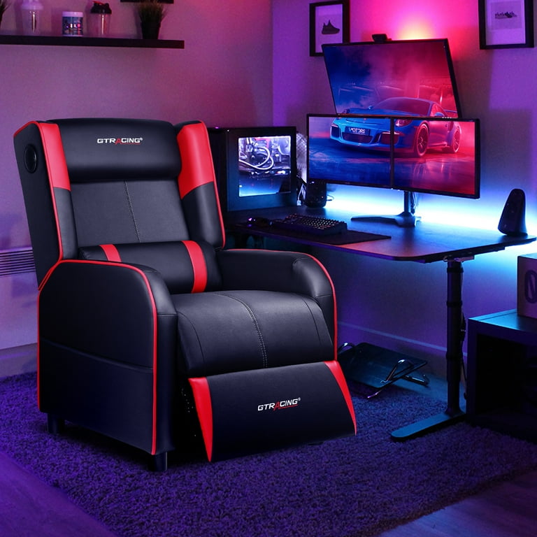 Gaming Recliner Chair Ergonomic Adjusted Reclining Video Gaming Single Sofa  with Lumbar Support and Retractable Footrest, PU Leather Theater Seating  Gaming Couch with Cup Holder, Pink 