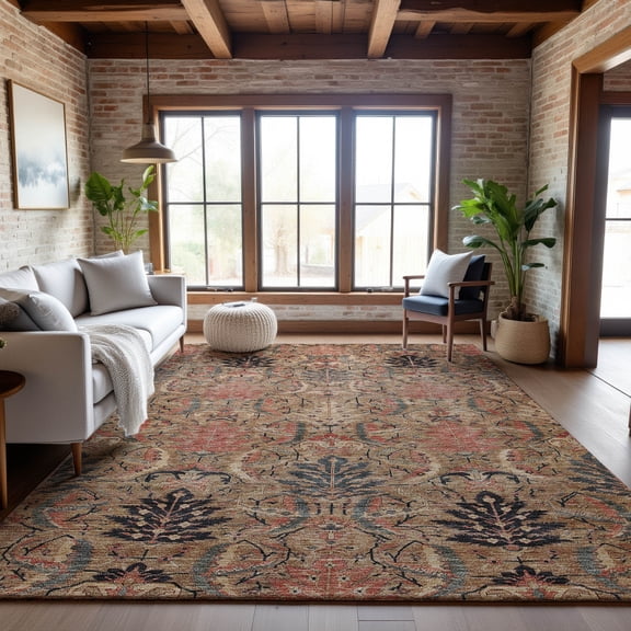 Addison Rugs Mayfield Premium Machine Washable Transitional Damask Khaki Rectangle Rug, 9' x 12'