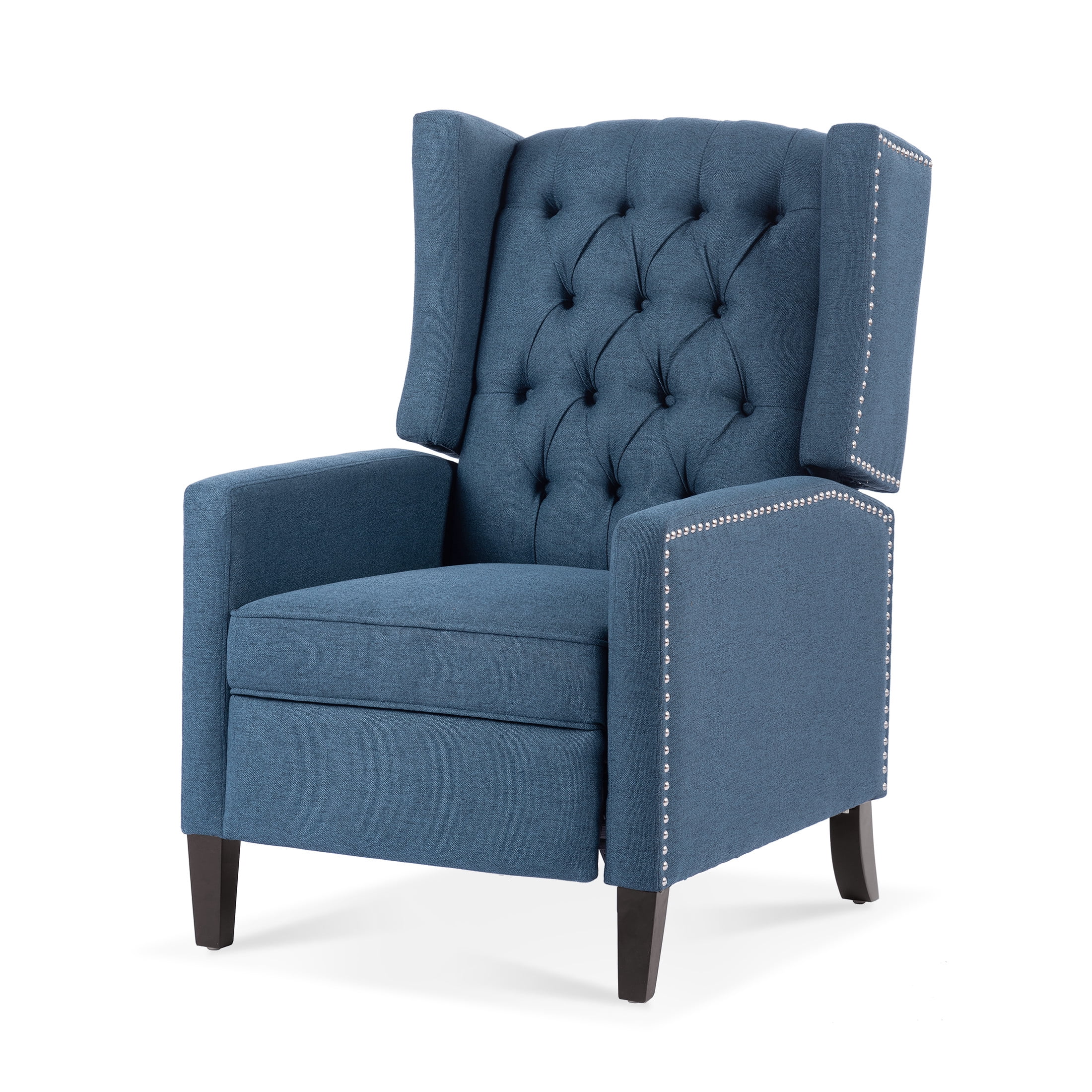 Josephine High-Back Fabric Upholstered Accent Chair with Button Tufting and Silver Trim, Solid Wood Leg, Blue