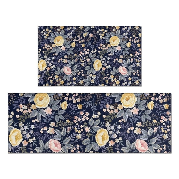 Pioneer Flower Floral Print Pattern Kitchen Rugs Sets Of 2,Anti Fatigue Kitchen Mat Rugs Non Slip Washable,Decorative Kitchen Floor Mats for Kitchen,Sink,Laundry,17"x30" 17"x47"