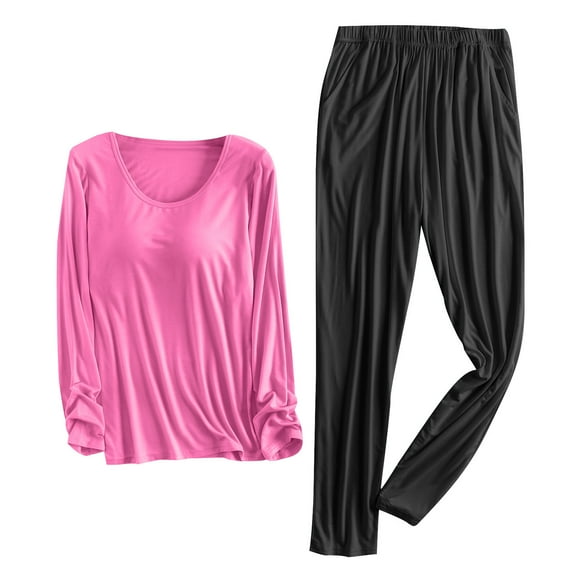 DailyTrove Women's Long Sleeve Crew Neck Top & Legging Set - Solid Color, Slim Fit, Gym & Casual Wear,Hot Pink