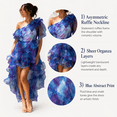 thumbnail image 5 of Women's Blue and Purple Ruffle and Floral Print Organza High-Low Maxi Silhouette Evening Gown with One Shoulder, 5 of 6