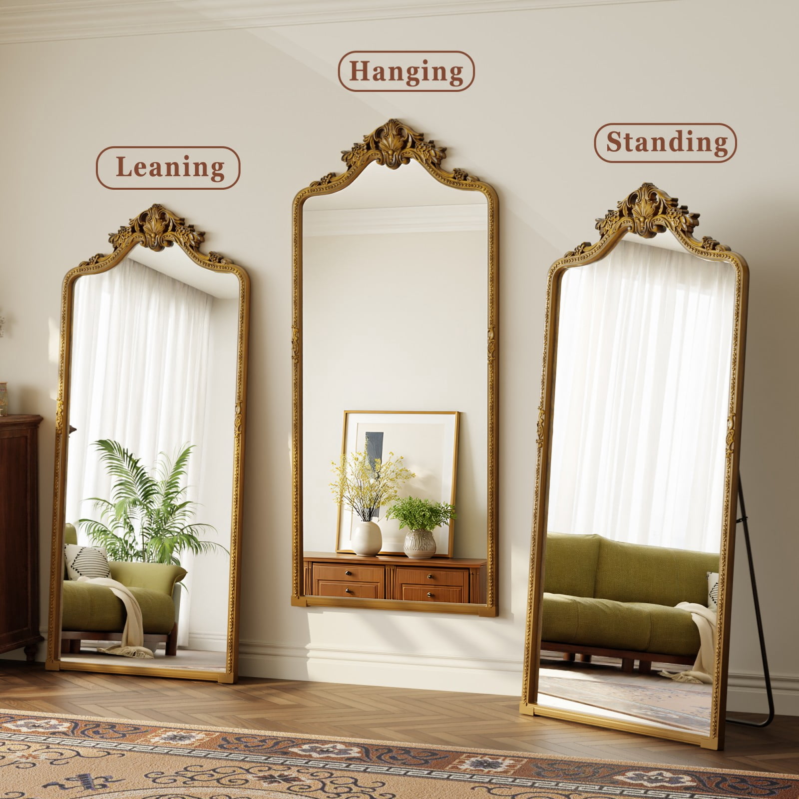 Easy4Home 69"x28" Arched Full-Length Floor Mirror, Luxurious Vintage Design with Ornate Carving, Antique Gold