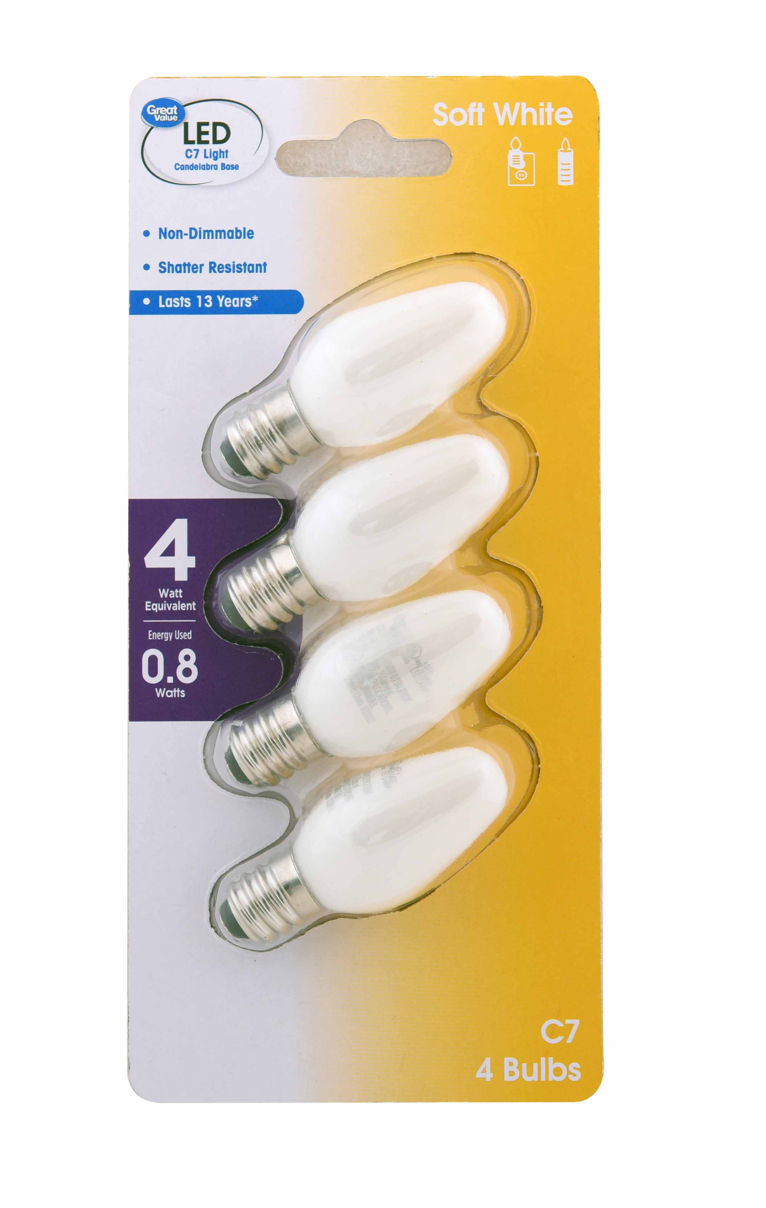 Great Value Led 0.75 Watts Soft White C7 Candelabra Base Bulbs, 4 count