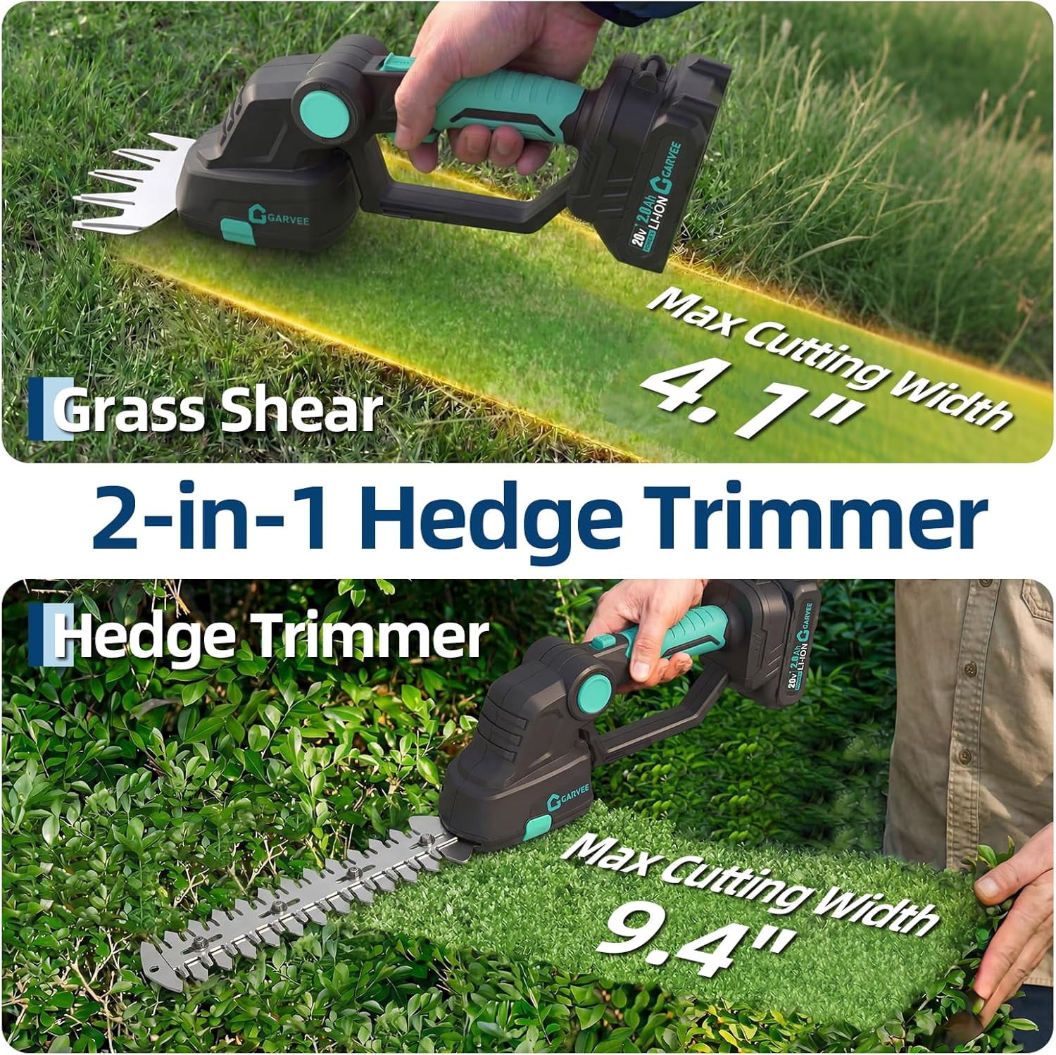 Cordless Hedge Trimmer with Battery - Grass Shear & Shrubbery Trimmer - 2 in 1 Handheld 20V Electric Grass Trimmer Hedge Shears Grass Cutter with 2 * 2.0Ah Batteries & Charge Base