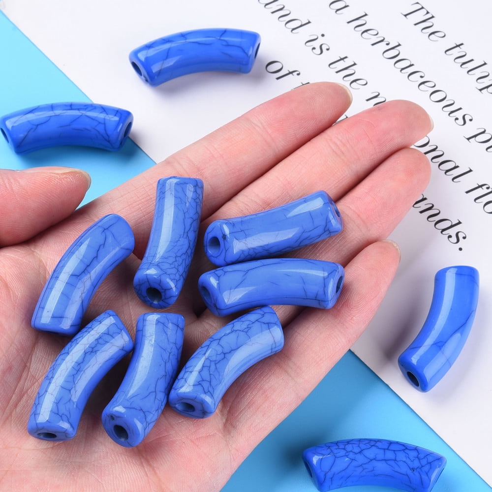 Opaque Crackle Acrylic Beads Curved Tube Medium Blue 36x13.5x11.5mm Hole: 4mm about 148pcs/500g