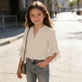 thumbnail image 5 of CQONEPT Linen Button Down Shirt for Girl 3/4 Length Ruffle Sleeve Tops Casual V Neck Cute Shirts Summer Vacation Blouses Beige 3 Years, 5 of 7