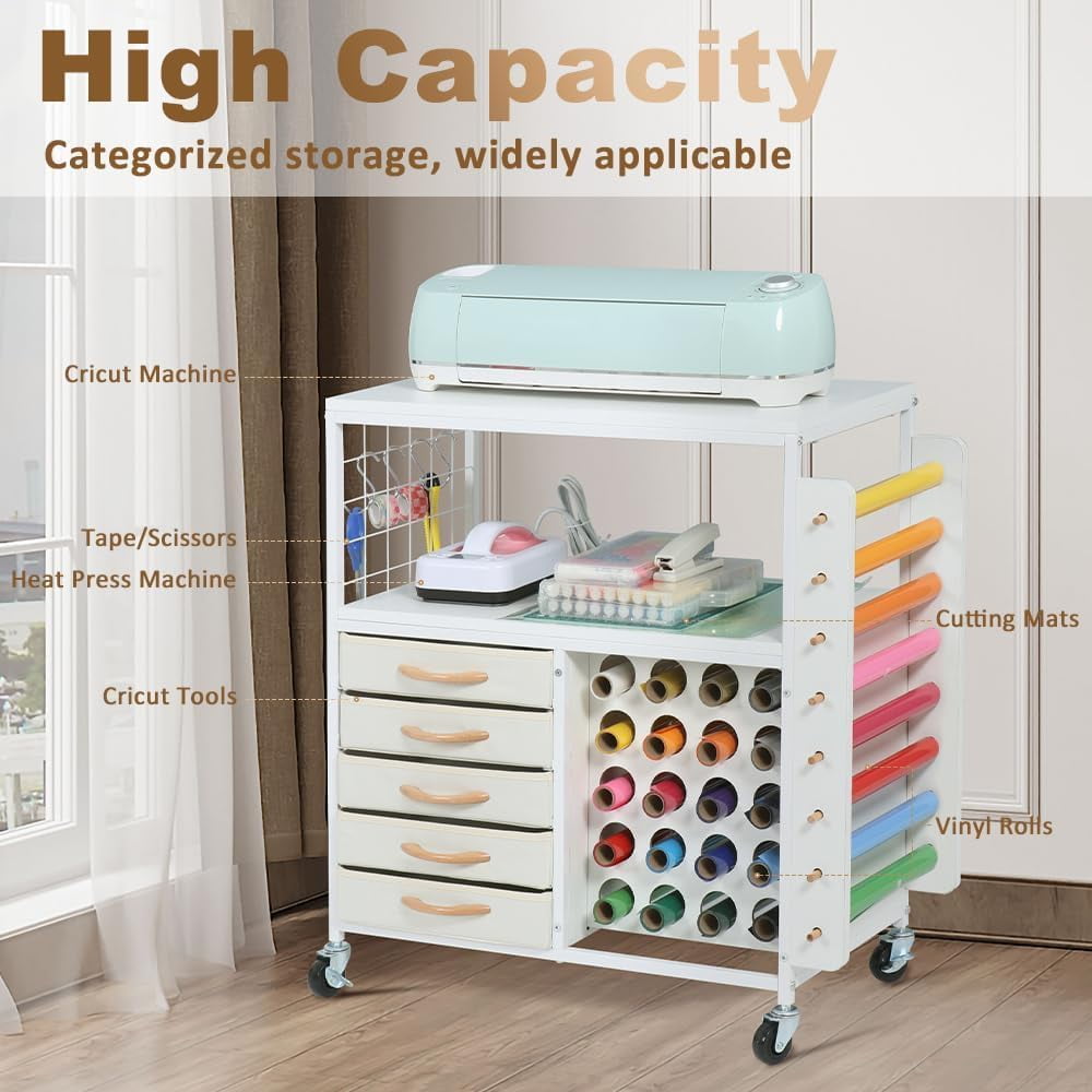 LUCKUP Organization and Storage Craft Table for Cricut Machines, Rolling Cart Cabinet with 28 Vinyl Roll Holders and 5 Drawers