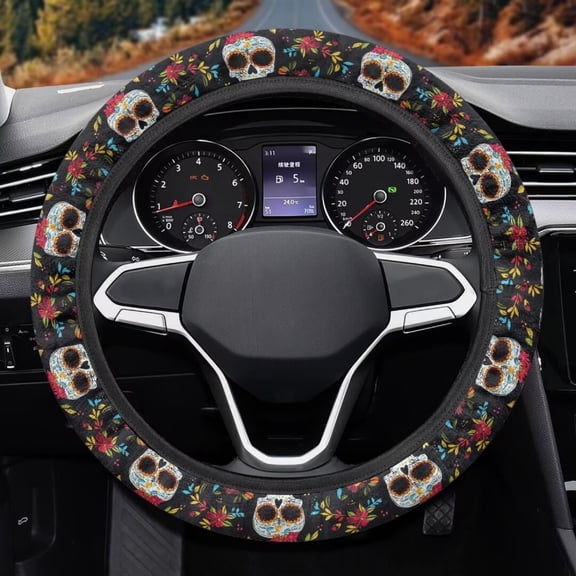 Uorisanigo Skull Print Steering Wheel Cover for Women Modern Car Steering Wheel Covers with Elastic Edge Warm Car Steering Wheel Protector for SUV Vehicle Thicken Car Accessories Gift for Holiday