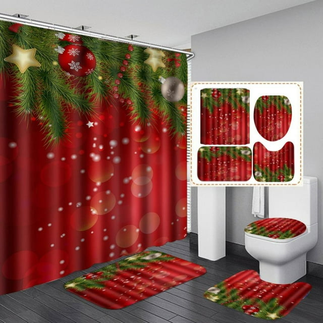 MesaSe Ensemble de Rideau de Douche 4 Pcs avec Tapis Antidérapant, Couvercle de Toilette et Tapis de Bain, Noël à la Ferme, Carreaux Buffalo Rouges et Noirs, Camion, Vache Laitière, Rideau de Douche Durable pour Salle de Bain