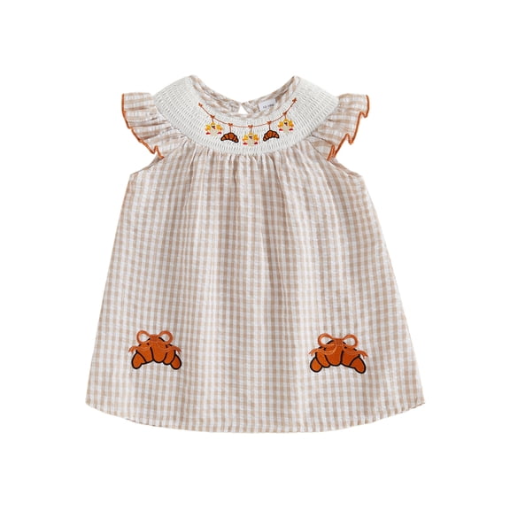 Cjfdfy Kids Toddler Baby Girl Thanksgiving Dress Outfit Little Baby Girls Summer Fall Plaid Gingham Dress Turcky Bread Embroidery Flying Sleeve A-line Dresses