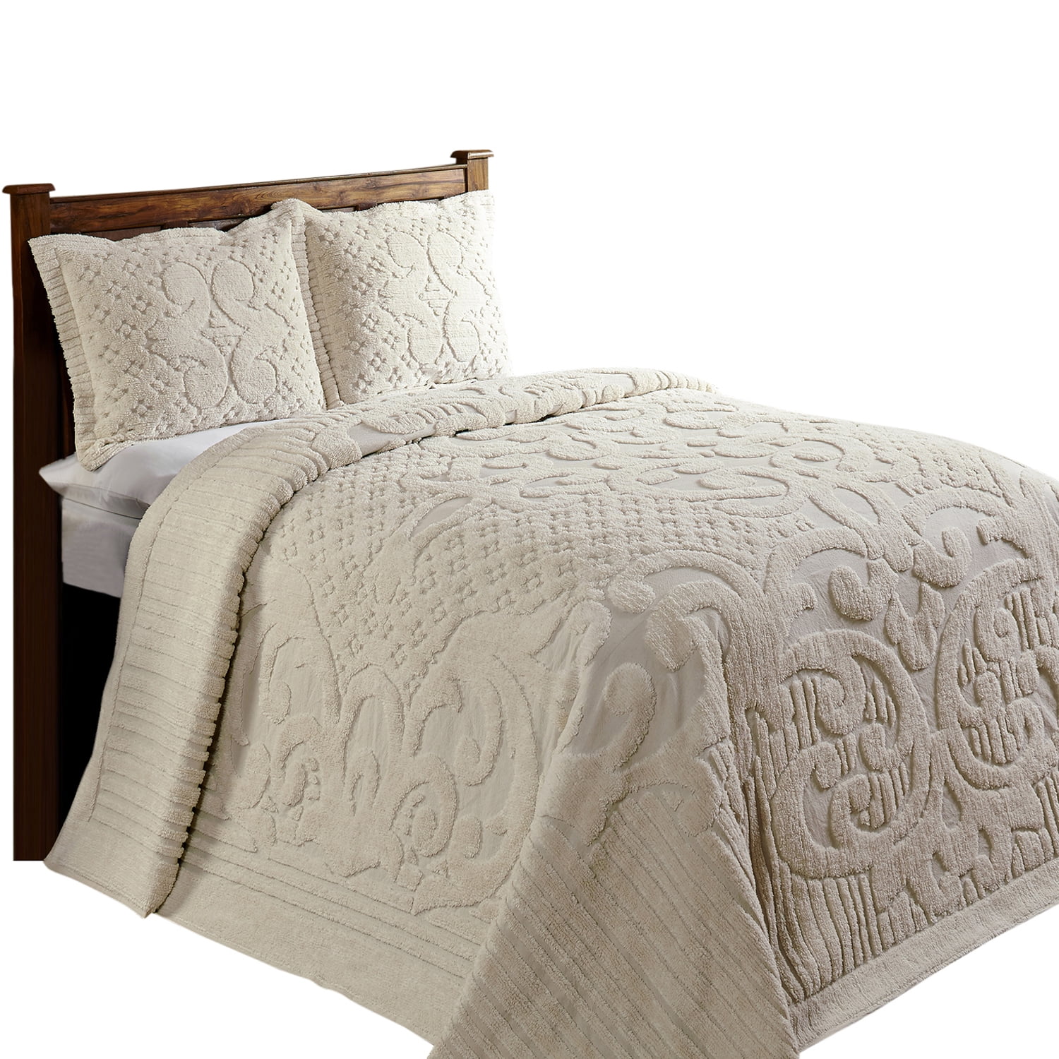 Better Trends 3 Piece Chenille Bedspread Set for Full/Double Bedspread 100% Cotton Lightweight Bedspread for all Season Ashton Collection (Ivory)