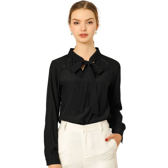 Camisa Casual Con Botones Manga Larga Corbata De Lazo Para Mujer Negro S
