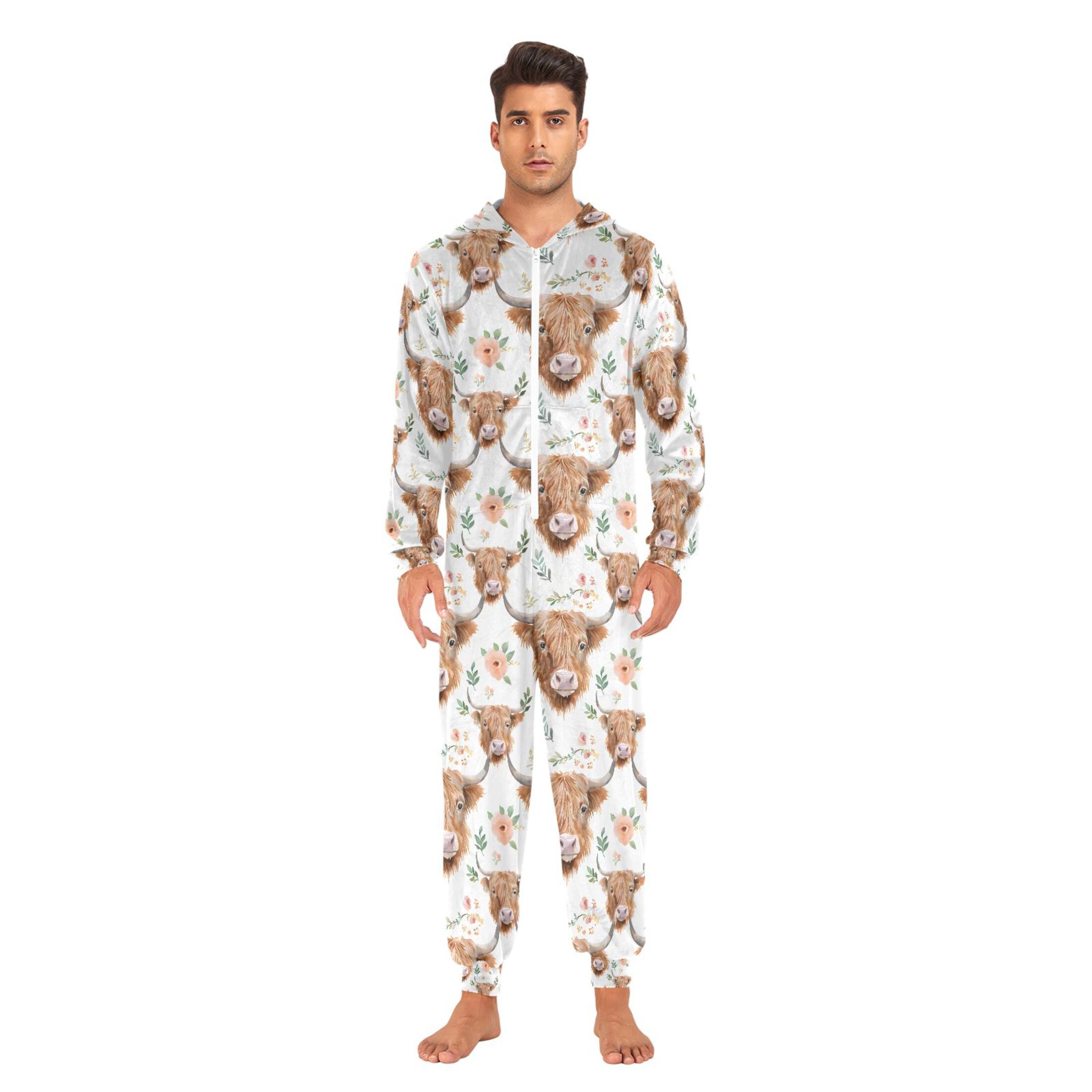 Adult Christmas Onesie Watercolor Floral Highland Cows Adult Zipper One-Piece Pajamas Unisex Pajamas with Pockets