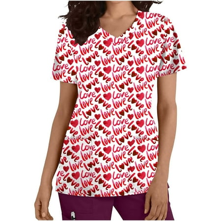 

LWZWM Women Scrubs Tops Nurse Medical Scrub Shirts Love Print Valentine s Day Tee Short Sleeve V-Neck Tops Valentine s Day Pockets Blouse Nursing Uniform Red M
