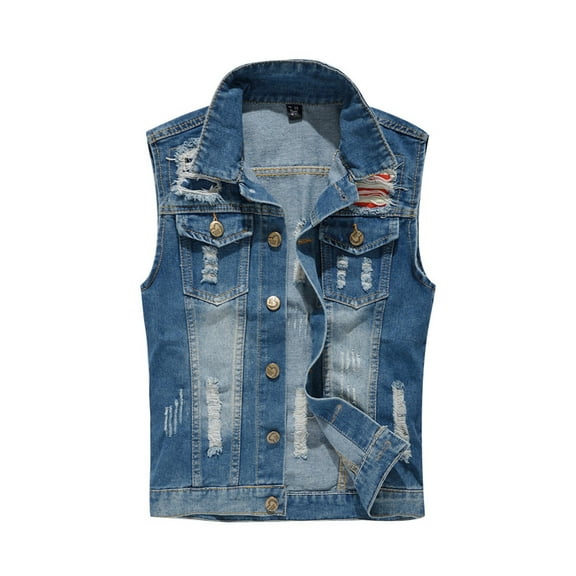 FRSASU Denim Vest for Men Casual Stretchy Trucker Jean Vests Fashion Vintage Lapel Button Sleeveless Jacket Vest Blue