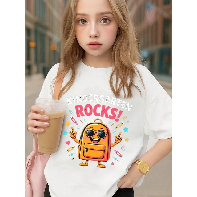 Boy's/Girls "Kindergarten Theme Cotton Graphic Tees, Back To School Clothes Girls, Summer Tops With Cute Backpack Design, Gift For First Day of School, Fun and Playful Fashion" Kids Clothes
