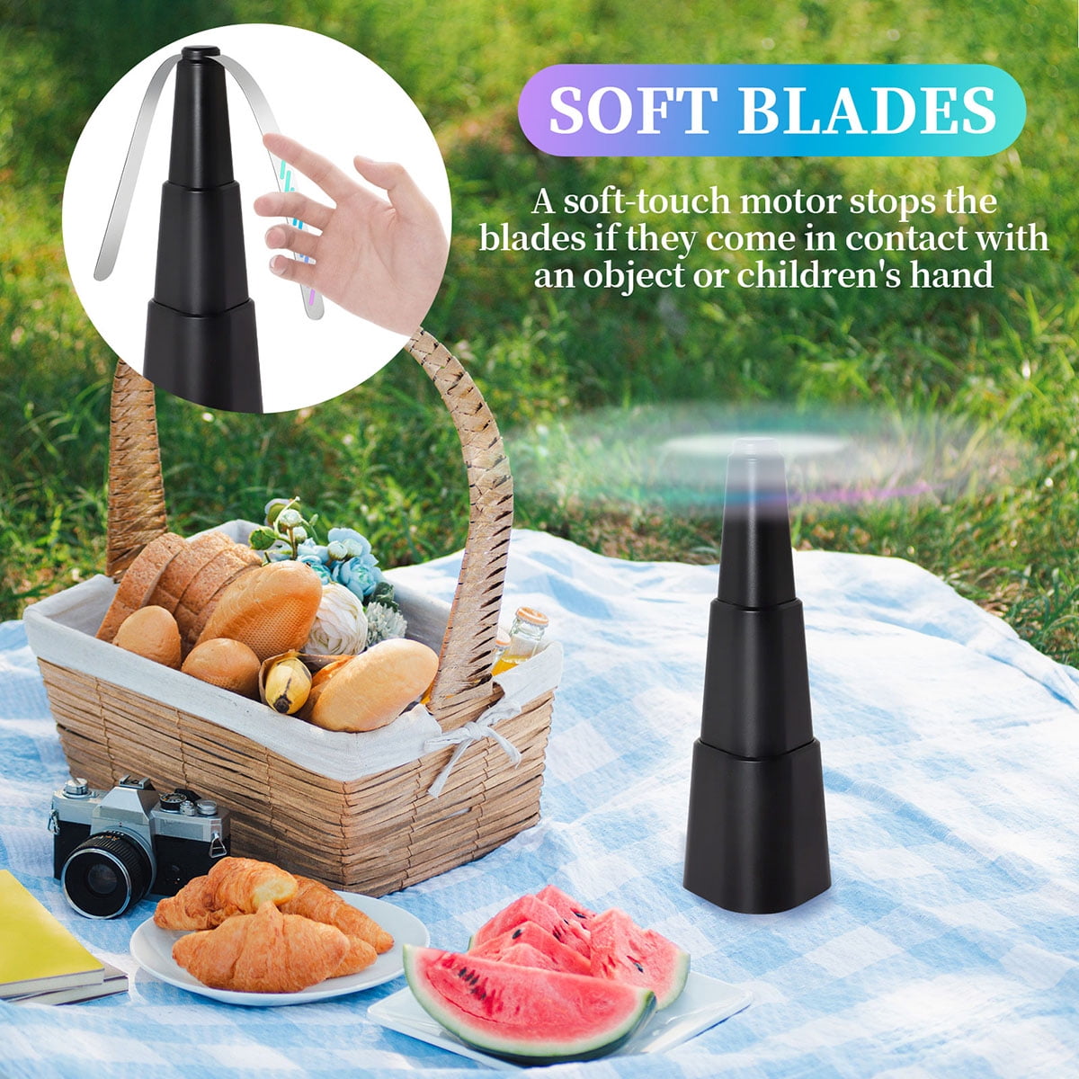 Fly Fans for Tables, 4 Packs Indoor Outdoor Fan Portable with Holographic Blades and Hooks, Batteries Powered Table Fan for Picnic, Party, Restaurant, Kitchen and BBQ