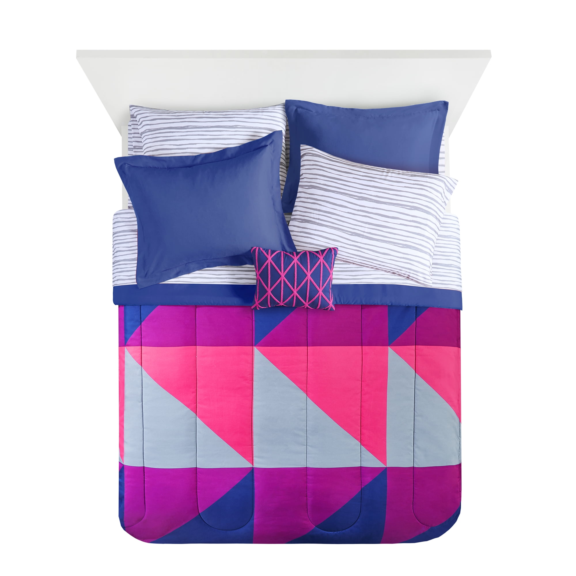 Mainstays Purple and Blue Geo 8 Piece Bed in a Bag Comforter Set With Sheets, Queen
