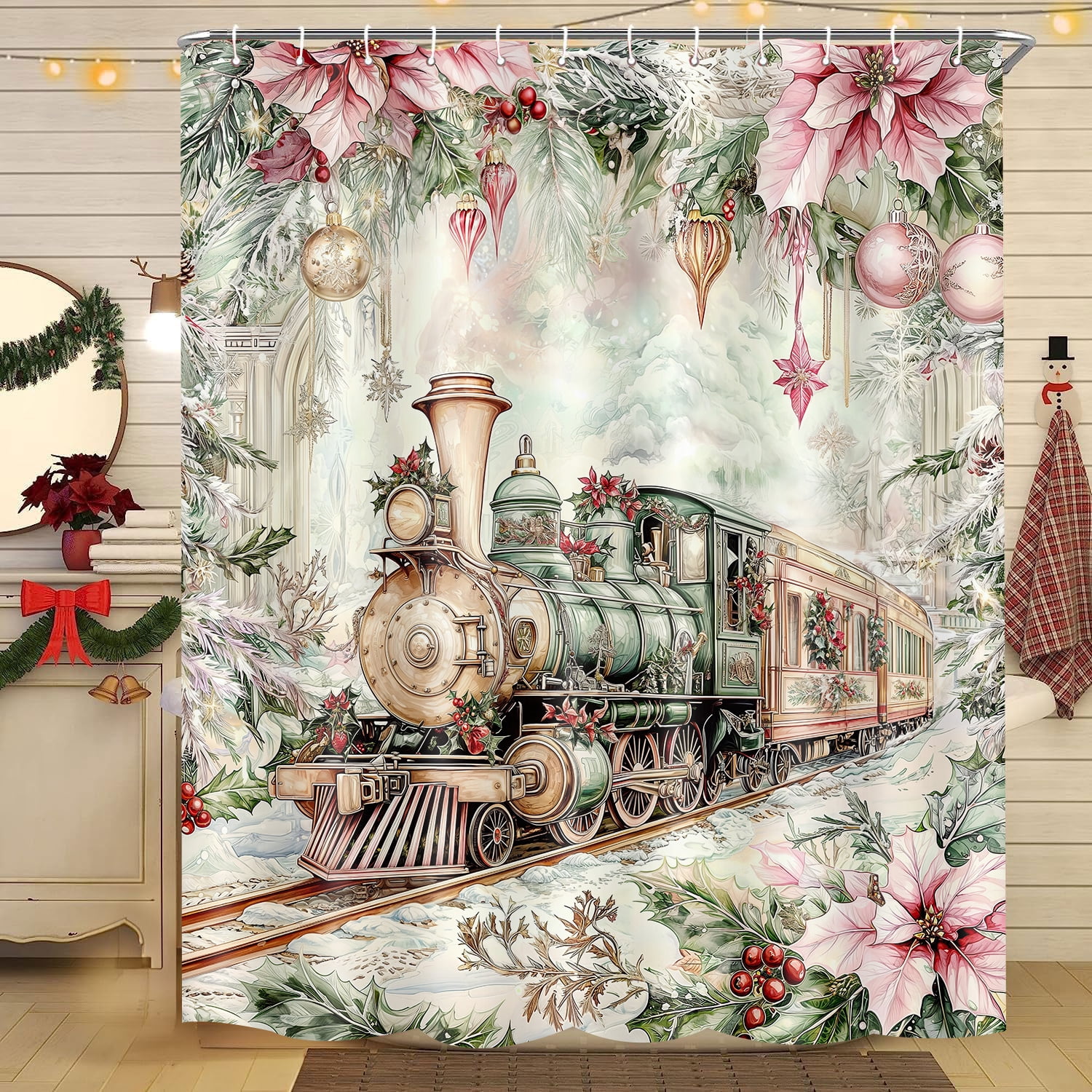 Christmas Train Shower Curtain, Pink Vintage Steam Train Castle Xmas Tree Bathroom Curtain, Country Farmhouse Cute Winter Christma Floral Light Ball Bathroom Decor Shower Cutain Set, 72X72in