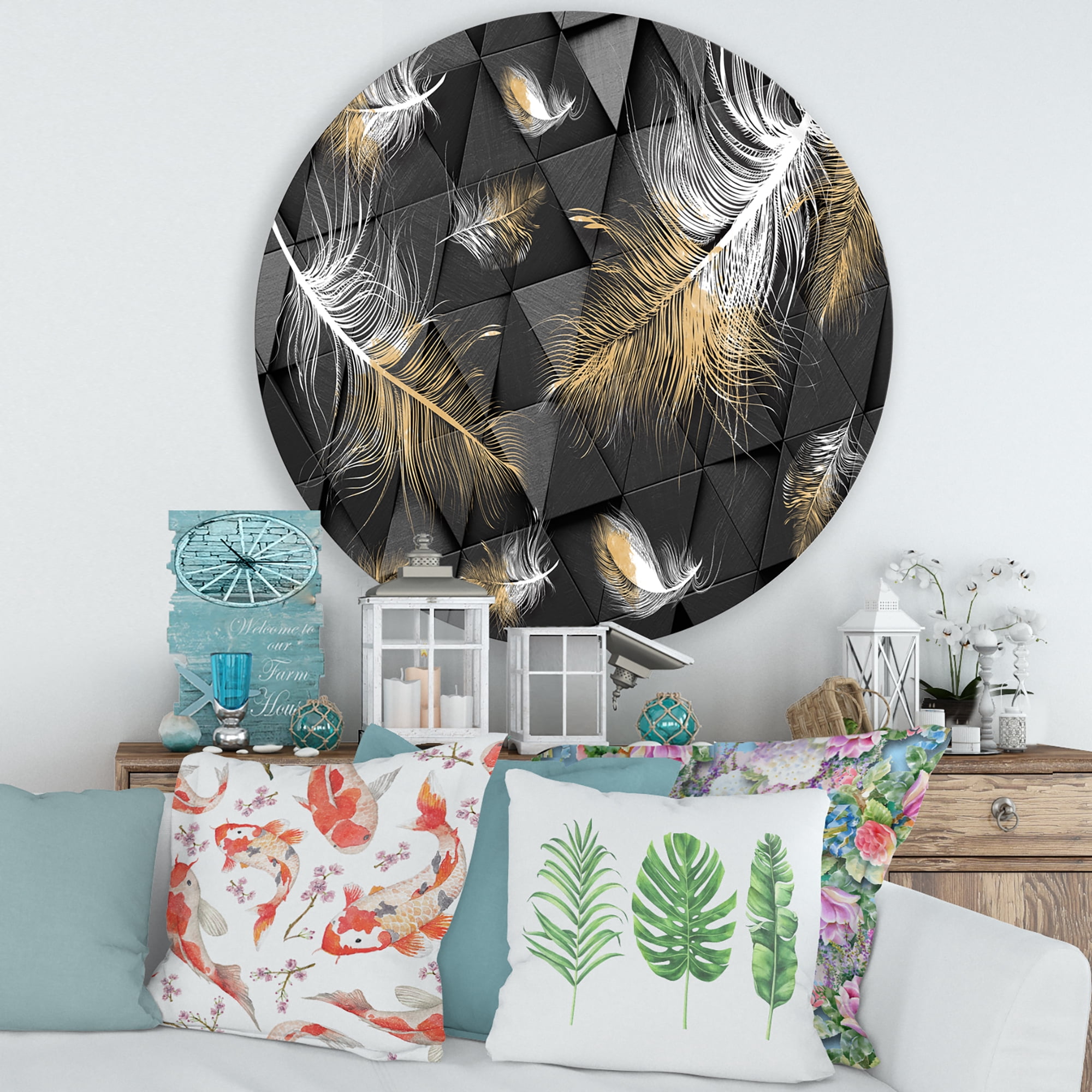 Designart 'Gold and White Feathers On Triangular' Modern Circle Metal Wall Art 36x36 - Disc of 36