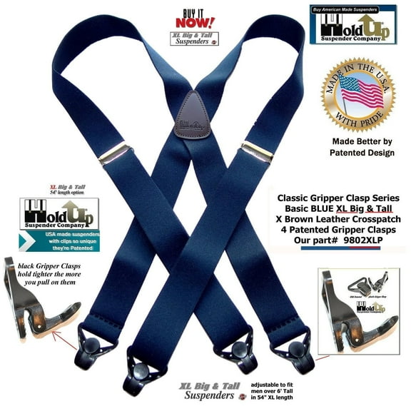 Holdup Brand XL Classic Series Basic Blue X-back Suspenders with Patented black Gripper Clasps
