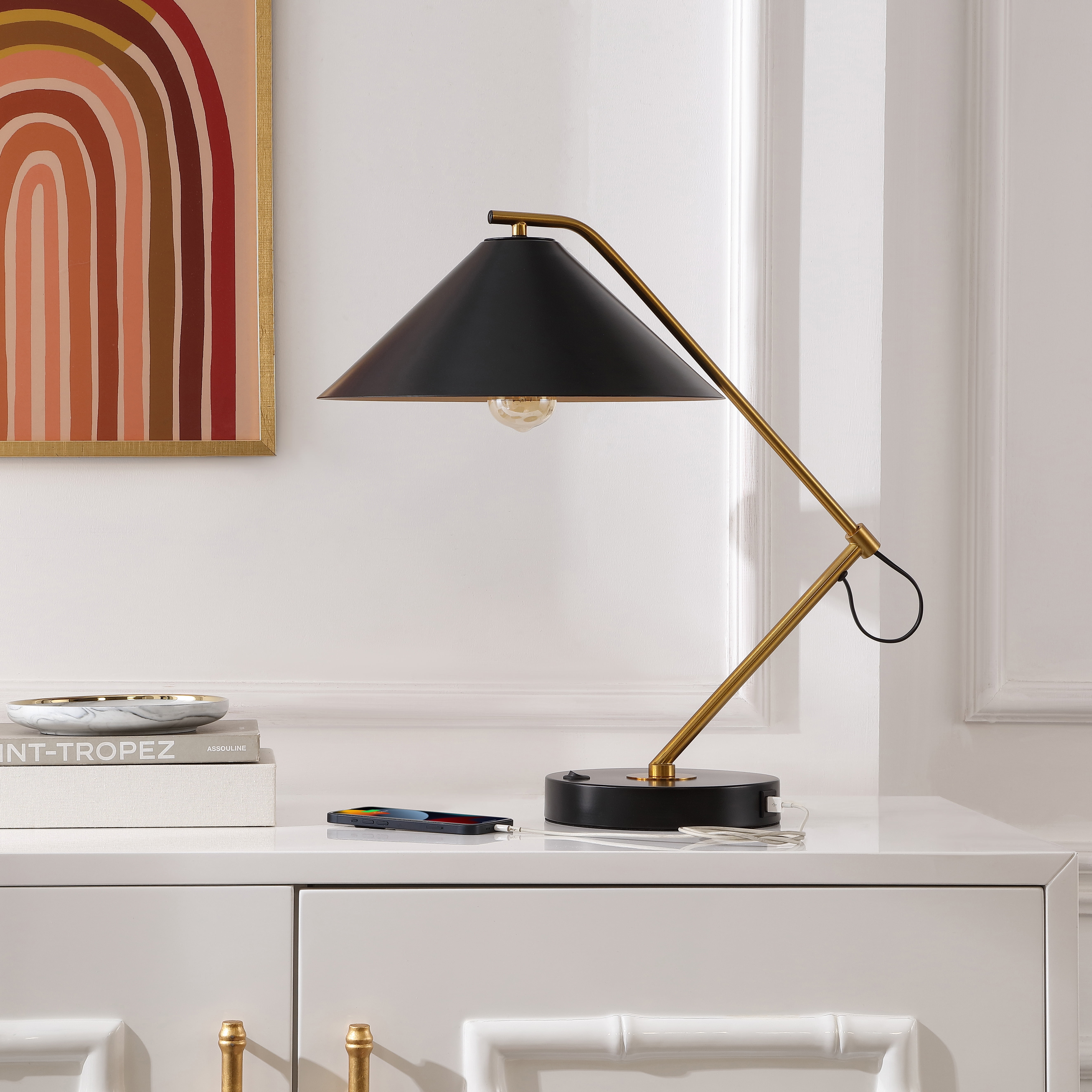 SAFAVIEH Moseby 21 in. Glam Black Metal USB Port Table Lamp with Black Shade