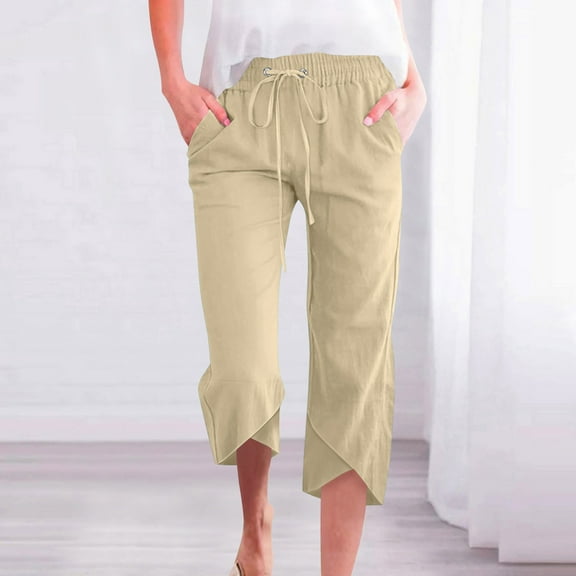 SELONE Ladies Capris with Pockets Plus Size Lounge Pants Cotton Linen Elastic Waist Trouser Loose Casual Beach Pants Drawstring Solid Straight Lightweight Khaki 2XL Breathable Summer Clothes