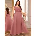 thumbnail image 6 of Dusty Pink Plus Size Sleeveless Sequin Lace Bodice Satin A-Line High Slit Formal Evening Gown, 6 of 7
