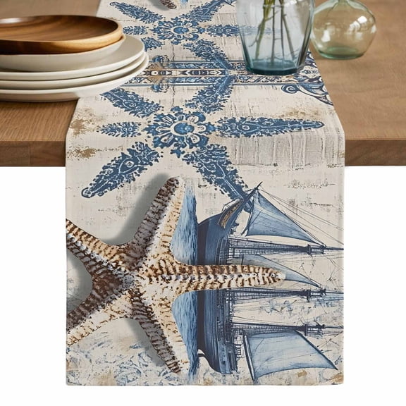 Vintage Nautical Table Runner, Summer Coastal Floral Starfish Washable Cotton Linen Table Runners 120 Inches Long, Dresser Scarf Runner for Dining/Living Room/Kitchen/Square Tables 13''x120''