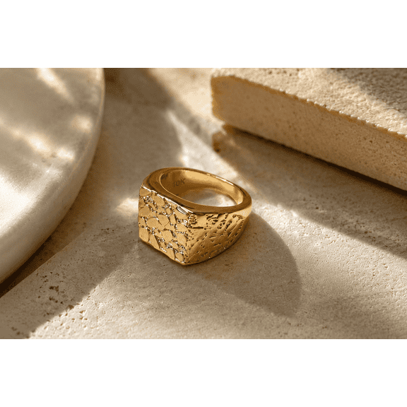 Gold-Tone Copper Signet Ring for Women – Textured Hammered Fashion Jewelry